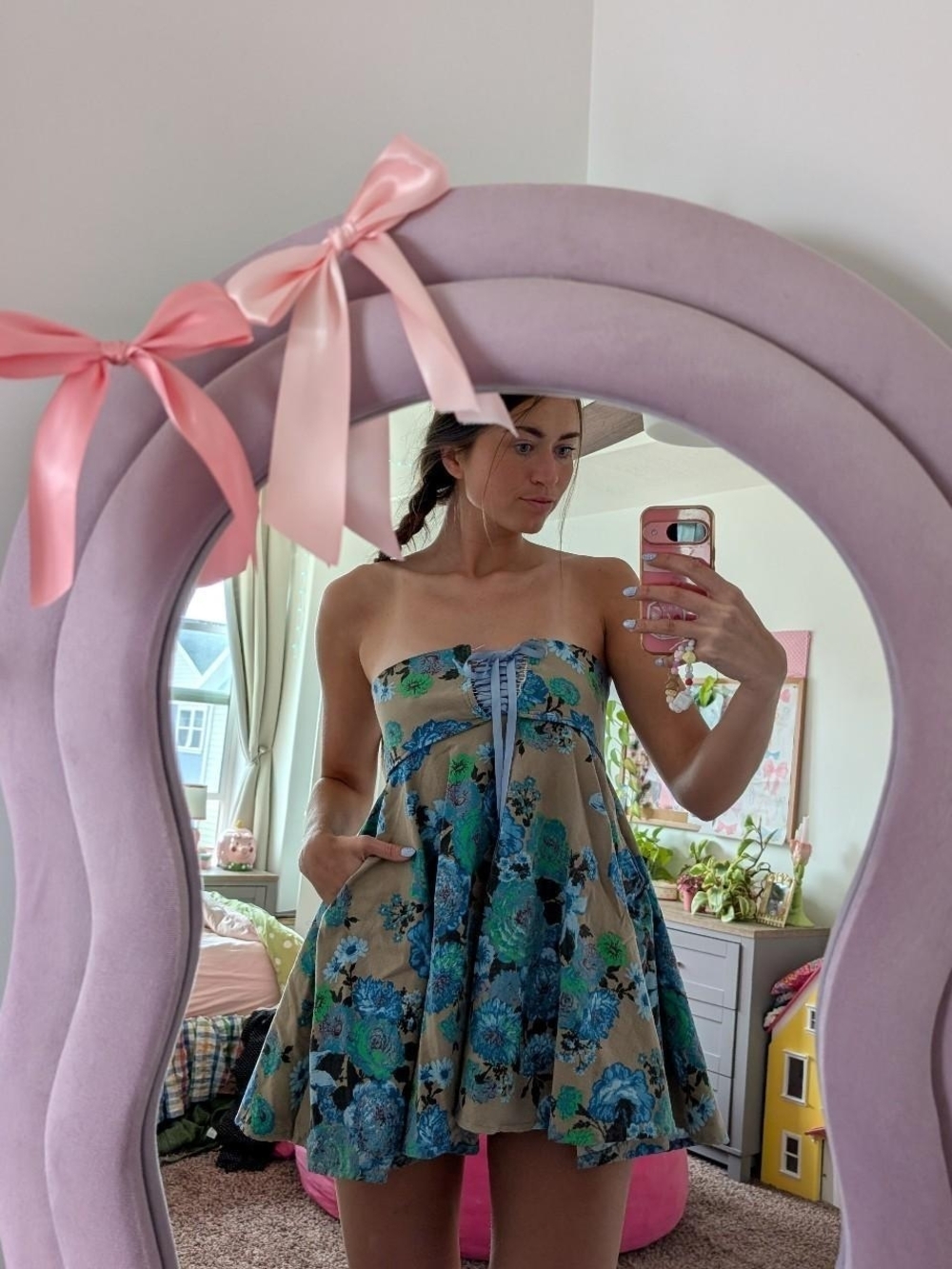 Strapless Floral Summer Mini Dress in Blue and Green